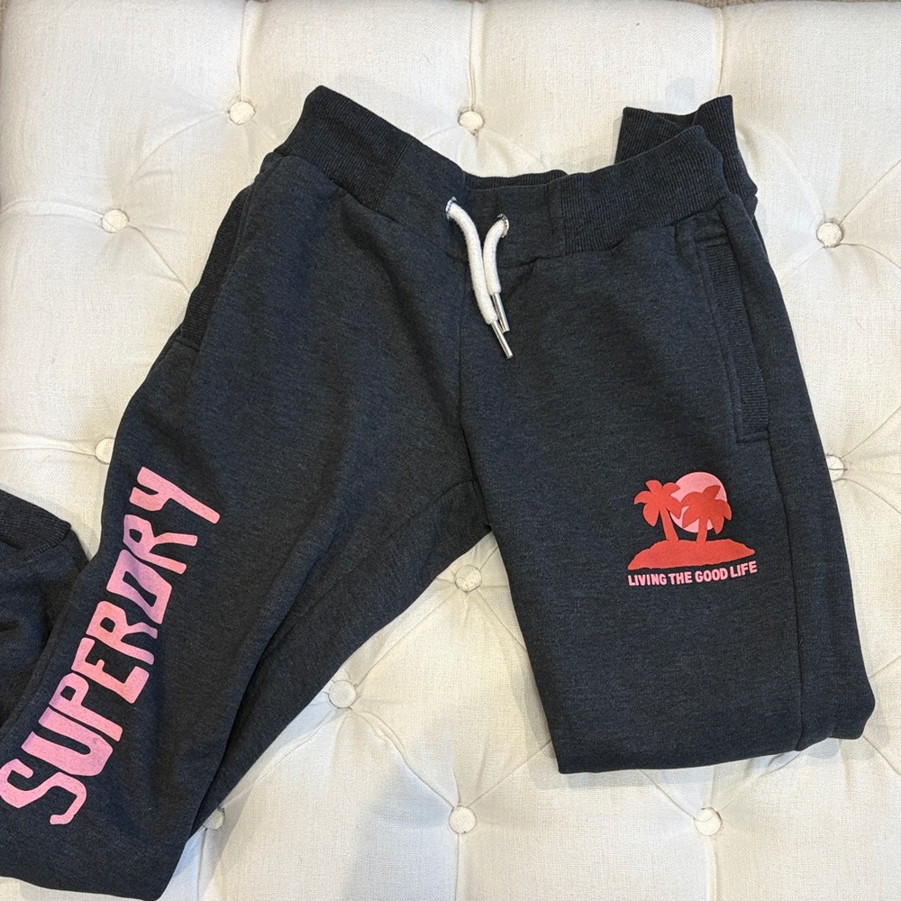 Superdry Charcoal Sweatpants with Pink Graphic